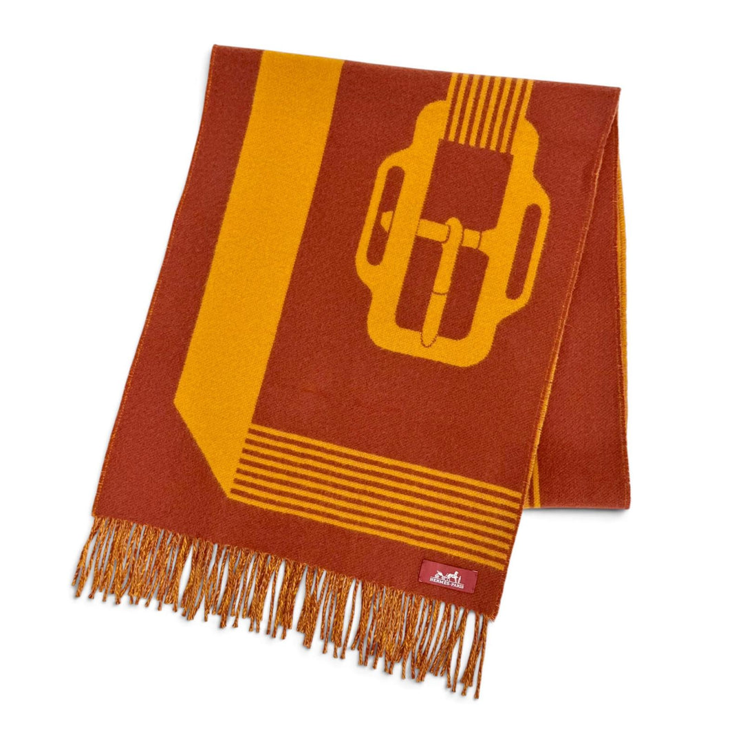 Pristine HERMES Scarf Sangle a Boucle fringe Orange brown cashmere Women