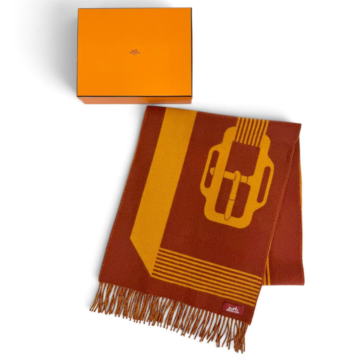 Pristine HERMES Scarf Sangle a Boucle fringe Orange brown cashmere Women