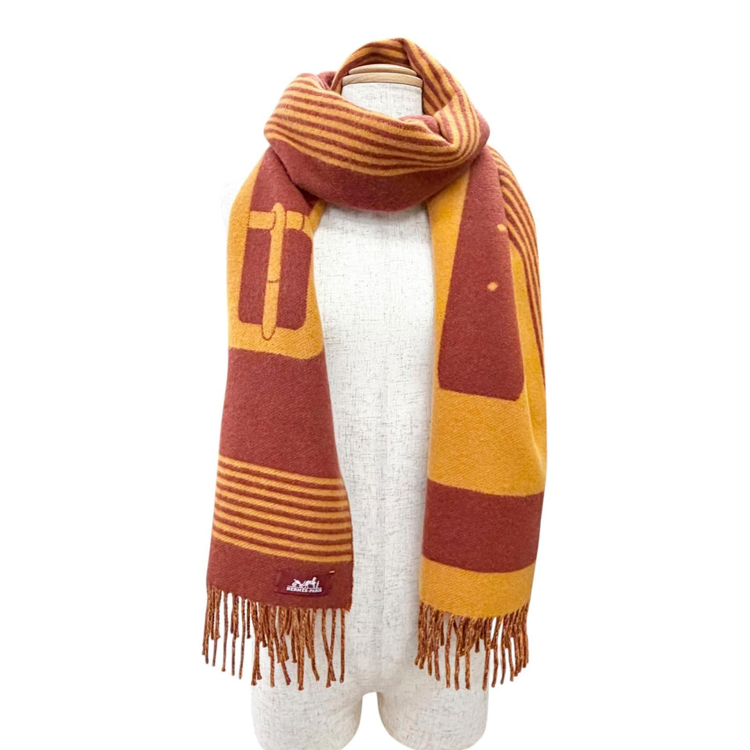 Pristine HERMES Scarf Sangle a Boucle fringe Orange brown cashmere Women