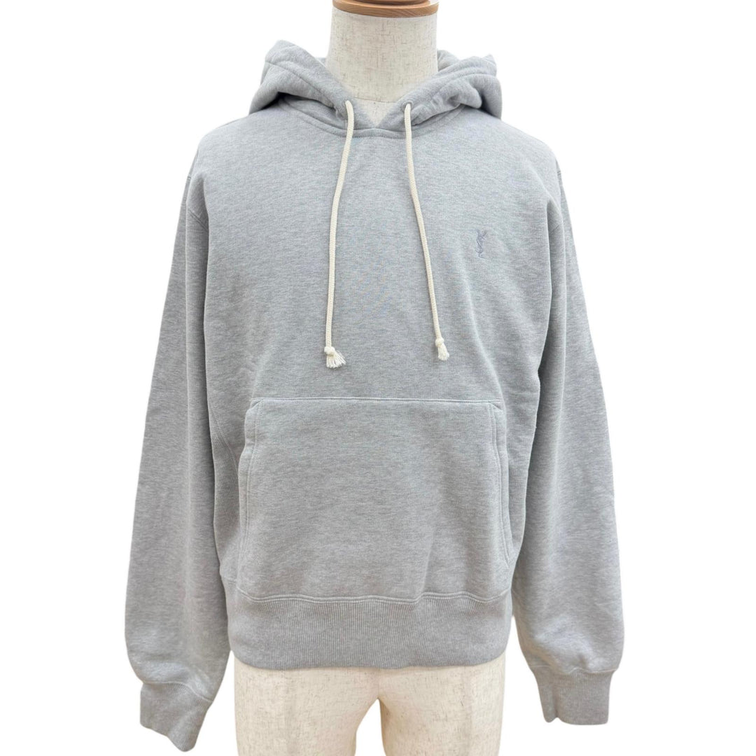 Pristine SAINT LAURENT PARIS hoodie YSL logo embroidered pullover hoodie gray