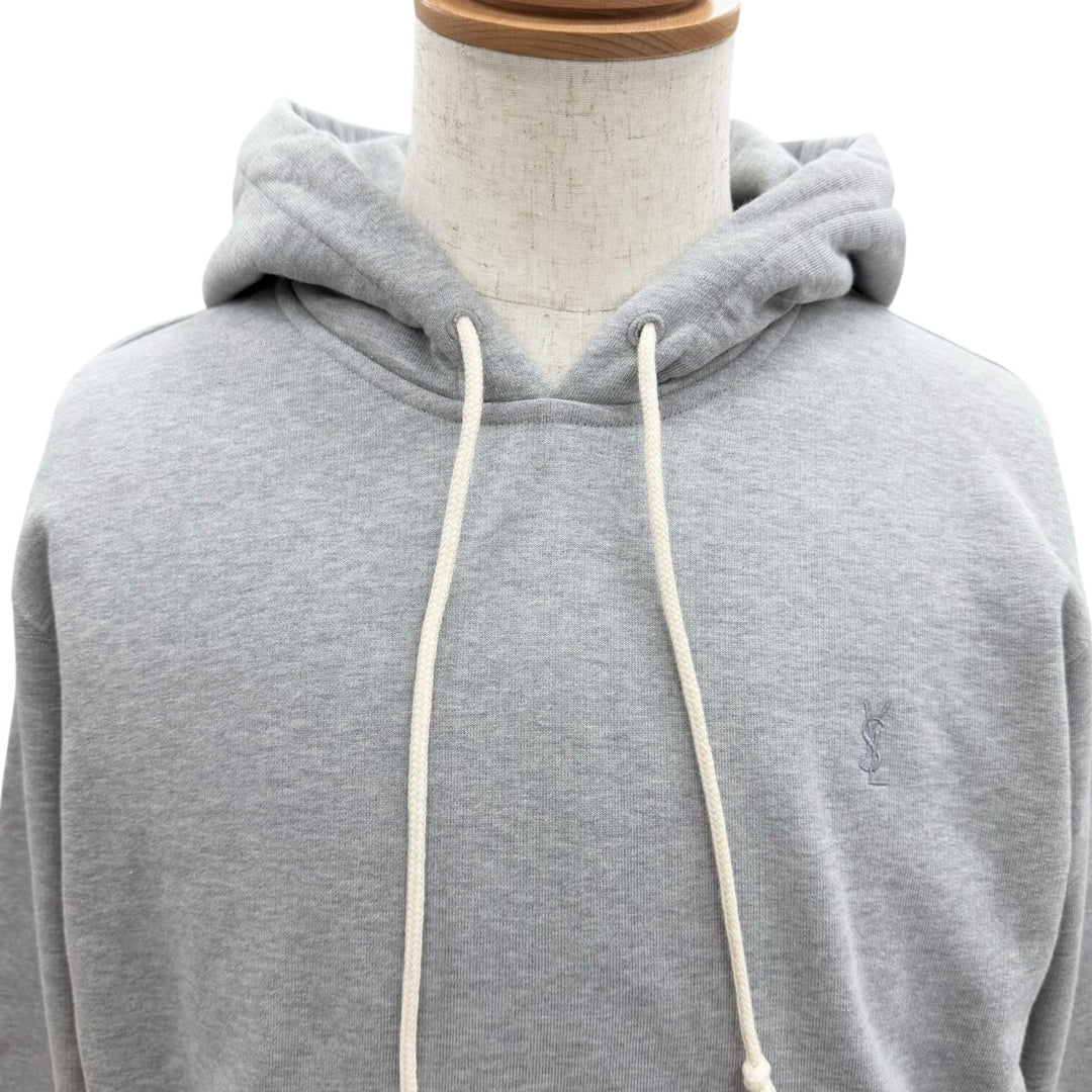 Pristine SAINT LAURENT PARIS hoodie YSL logo embroidered pullover hoodie gray