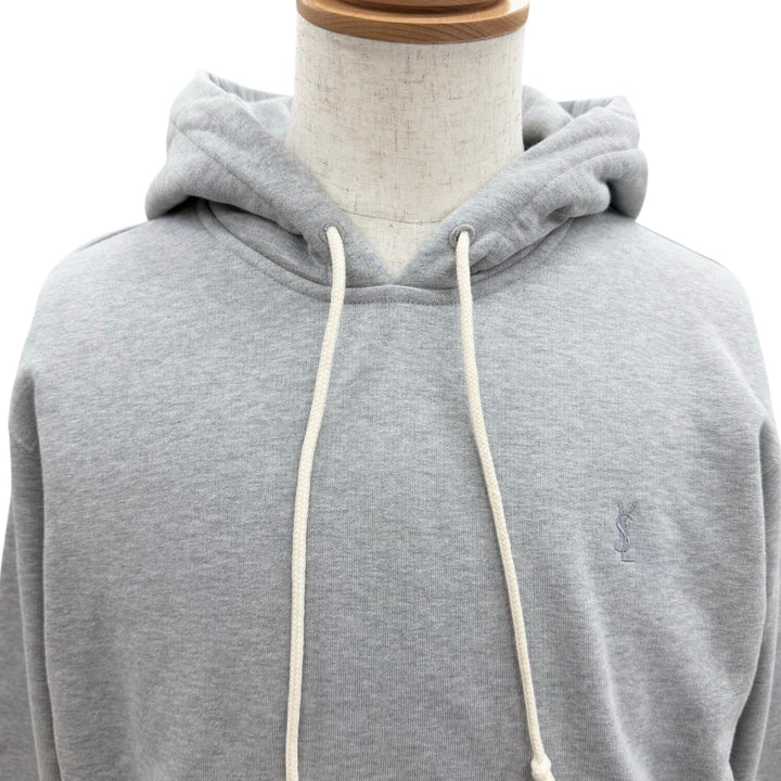 Pristine SAINT LAURENT PARIS hoodie YSL logo embroidered pullover hoodie gray