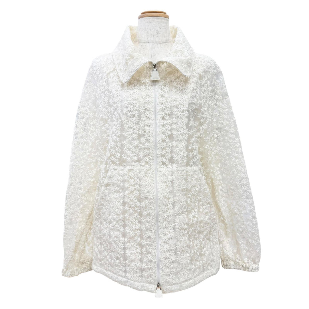 Pristine AKRIS Jacket Flower Embroidery Leather Zip Lace Blouson Ivory Women 42