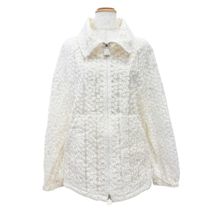 Pristine AKRIS Jacket Flower Embroidery Leather Zip Lace Blouson Ivory Women 42