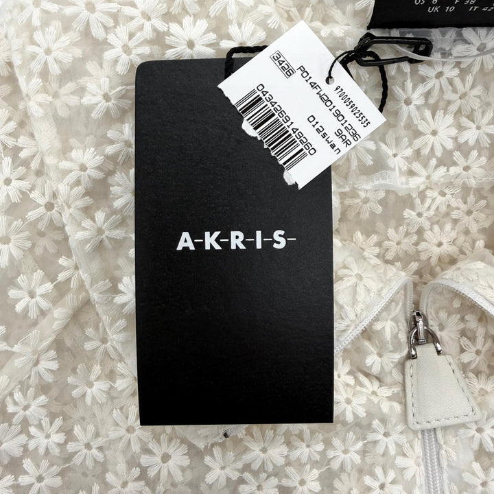 Pristine AKRIS Jacket Flower Embroidery Leather Zip Lace Blouson Ivory Women 42