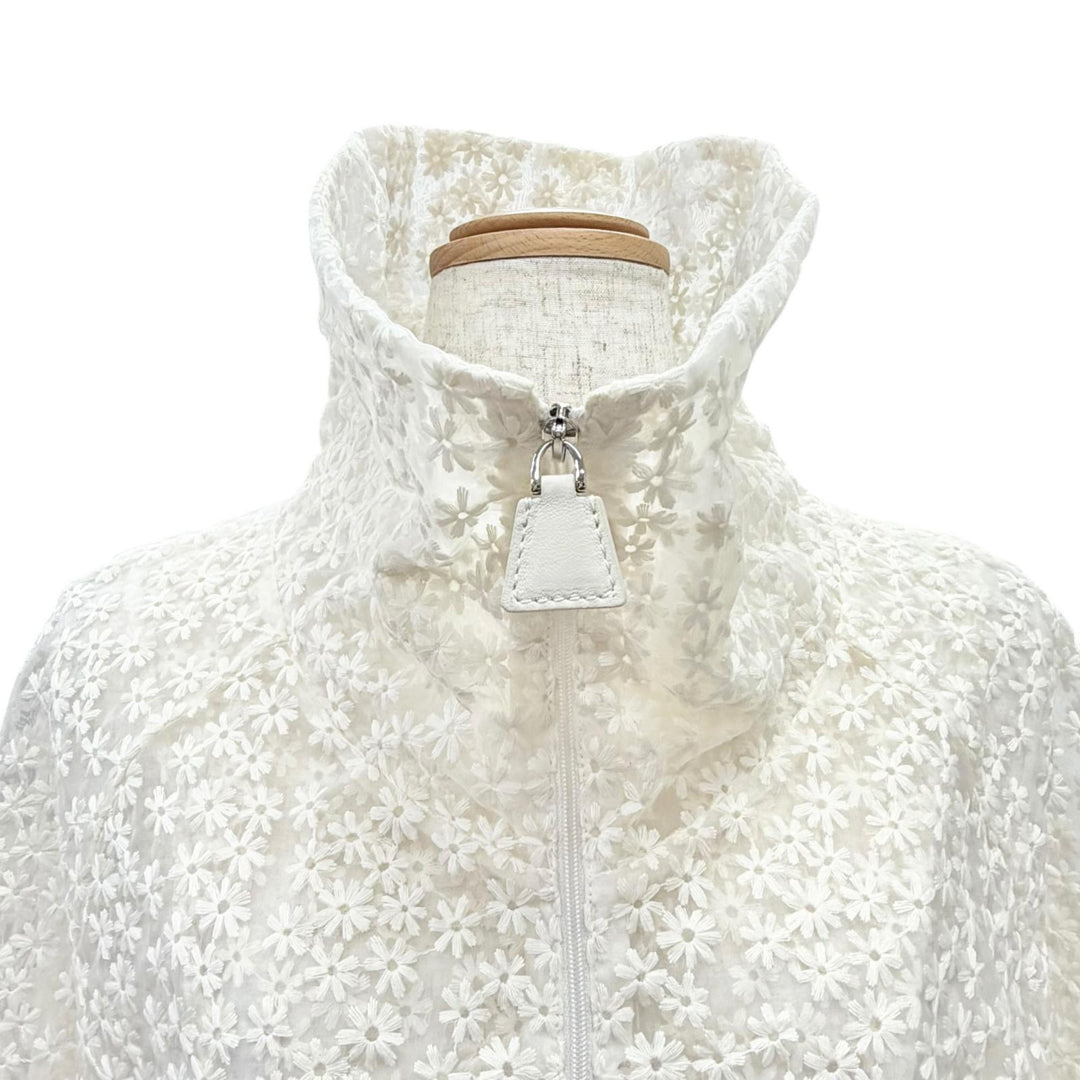 Pristine AKRIS Jacket Flower Embroidery Leather Zip Lace Blouson Ivory Women 42
