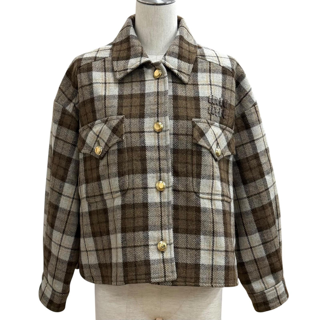 Excellent MIUMIU Jacket Logo patch check blouson Brown wool Women 38 ML1021