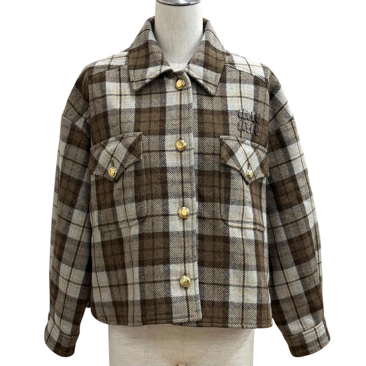 Excellent MIUMIU Jacket Logo patch check blouson Brown wool Women 38 ML1021