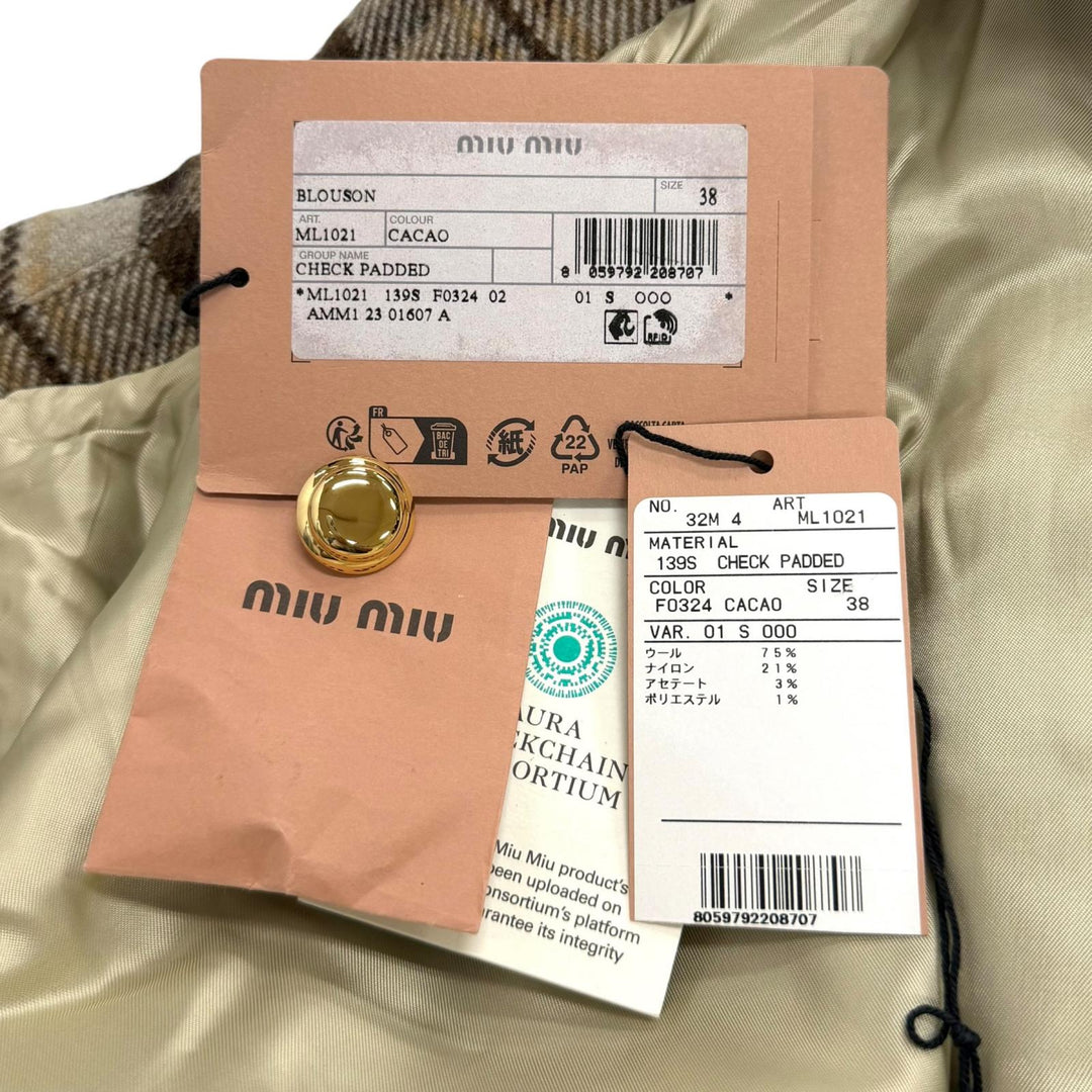 Excellent MIUMIU Jacket Logo patch check blouson Brown wool Women 38 ML1021