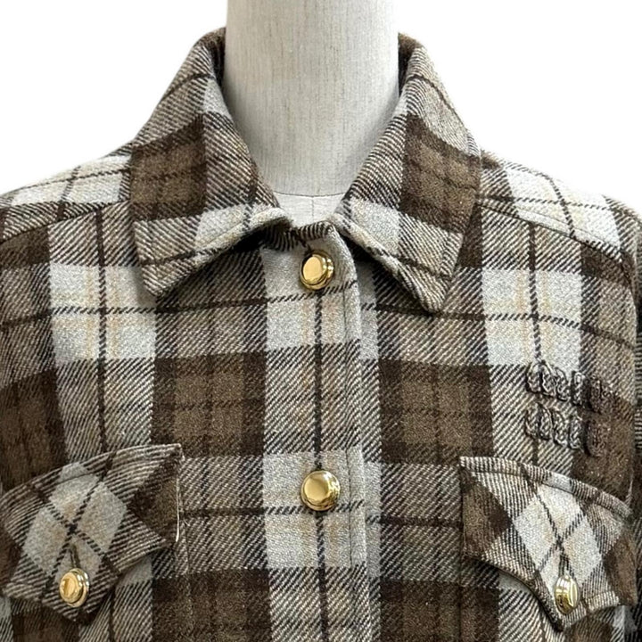 Excellent MIUMIU Jacket Logo patch check blouson Brown wool Women 38 ML1021