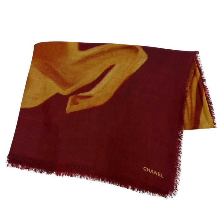 Excellent CHANEL 136 x 72.4"" Logo Pattern Large Shawl/Stole Bordeaux cashmere