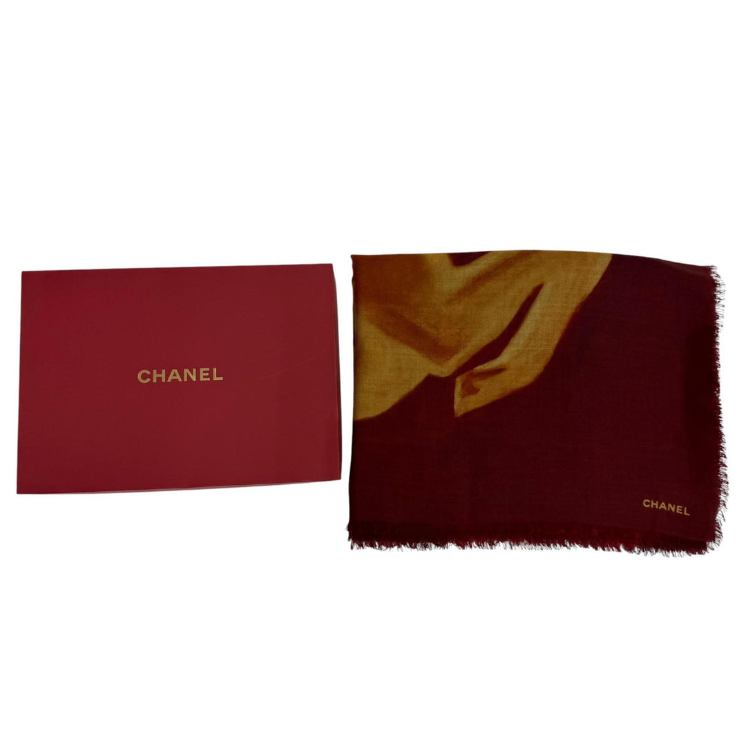 Excellent CHANEL 136 x 72.4"" Logo Pattern Large Shawl/Stole Bordeaux cashmere