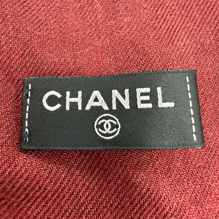 Excellent CHANEL 136 x 72.4"" Logo Pattern Large Shawl/Stole Bordeaux cashmere