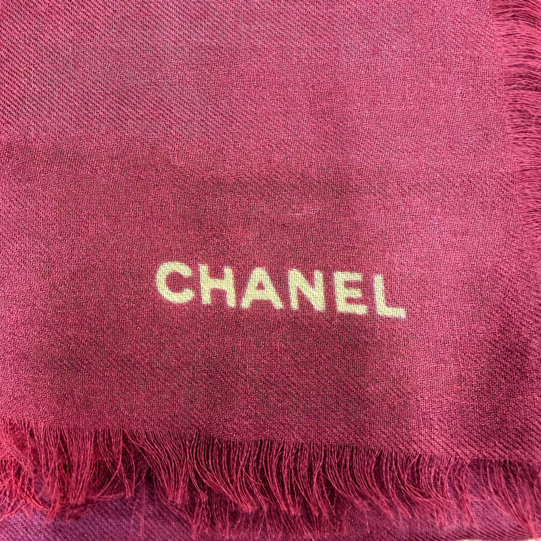 Excellent CHANEL 136 x 72.4"" Logo Pattern Large Shawl/Stole Bordeaux cashmere