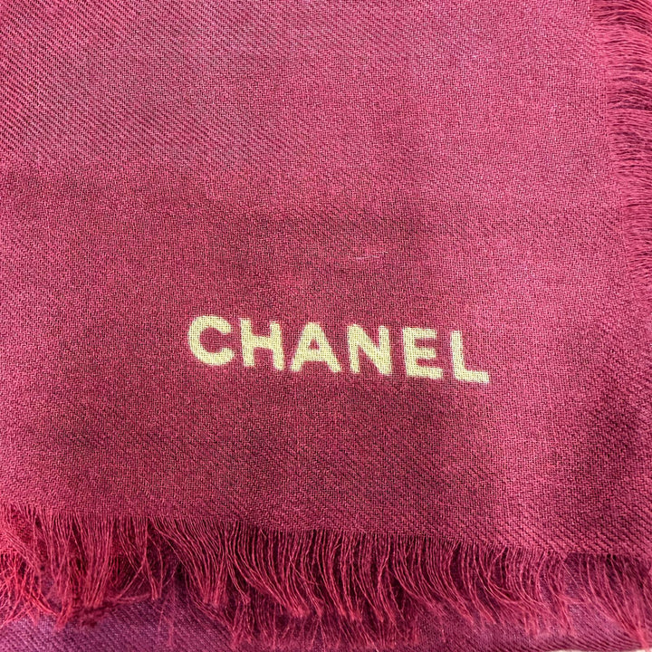 Excellent CHANEL 136 x 72.4"" Logo Pattern Large Shawl/Stole Bordeaux cashmere