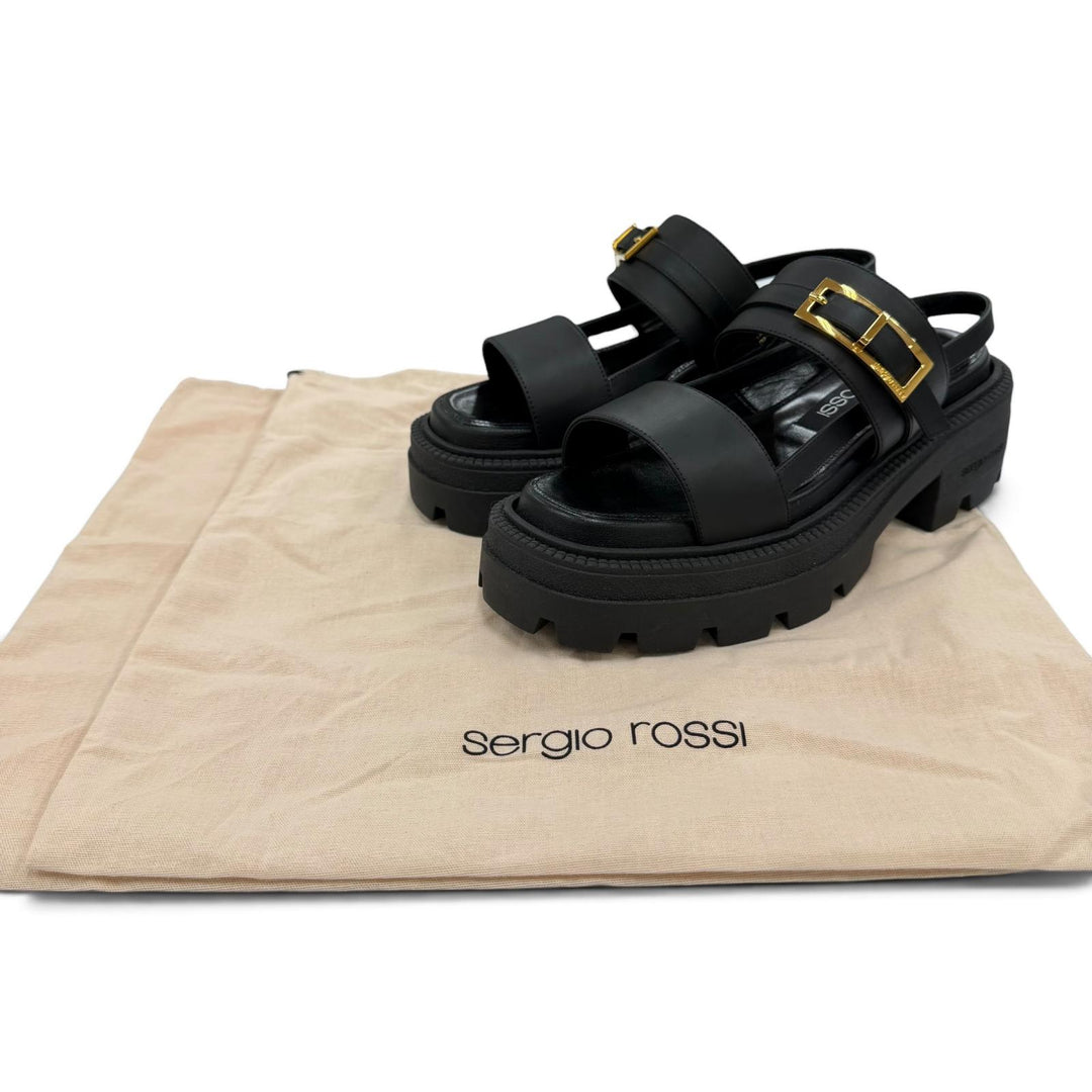Pristine Sergio Rossi Sandals Logo Metal Back Sling Leather black Women 38