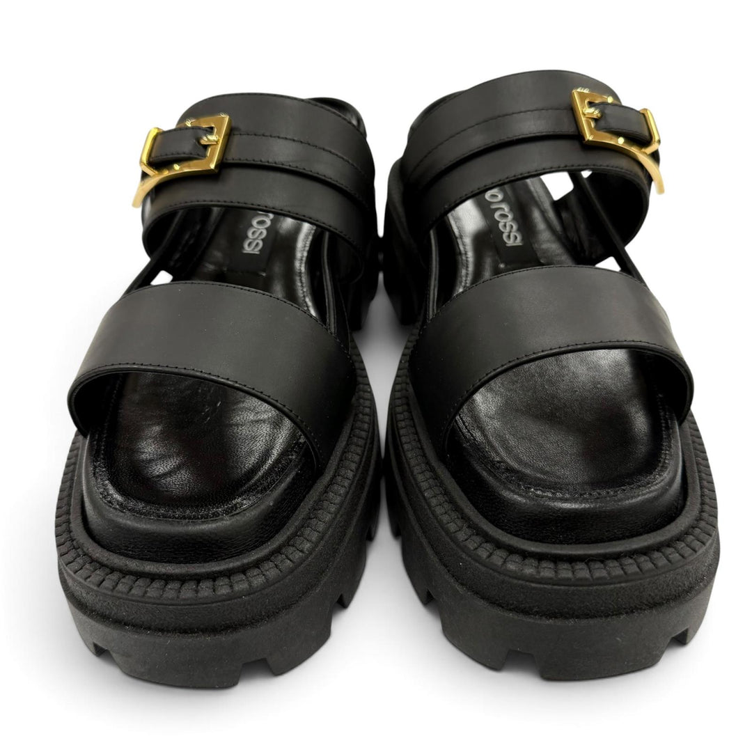Pristine Sergio Rossi Sandals Logo Metal Back Sling Leather black Women 38