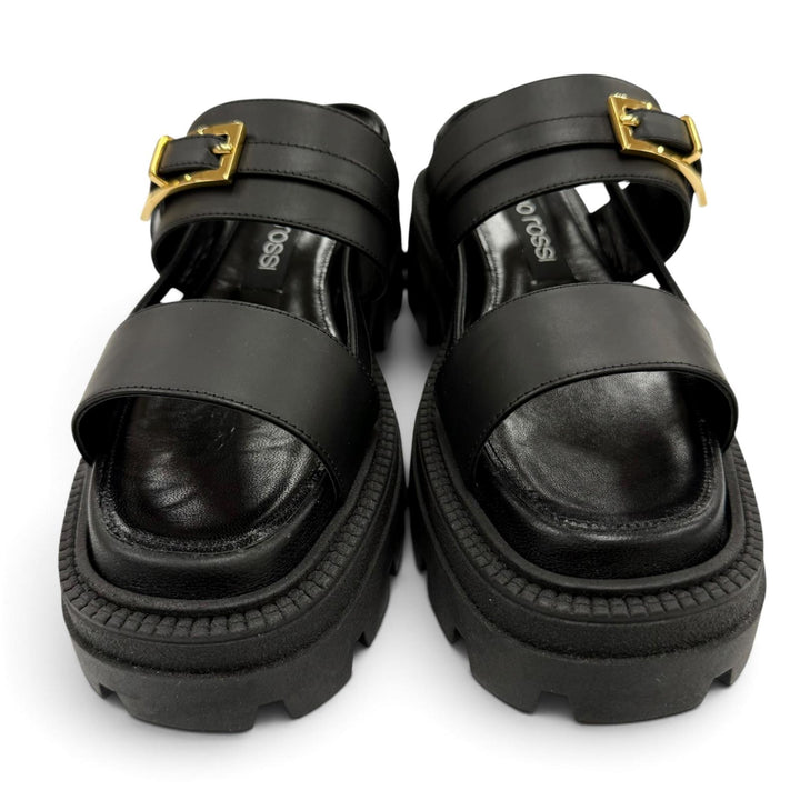 Pristine Sergio Rossi Sandals Logo Metal Back Sling Leather black Women 38