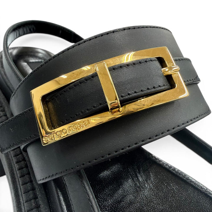 Pristine Sergio Rossi Sandals Logo Metal Back Sling Leather black Women 38