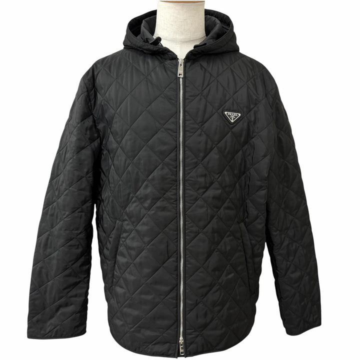 Excellent PRADA Blouson Triangle with logo hooded quilted jacket black