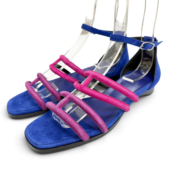 Pristine HERMES Sandals Graziera H logo, ankle strap blue Suede leather Women 37