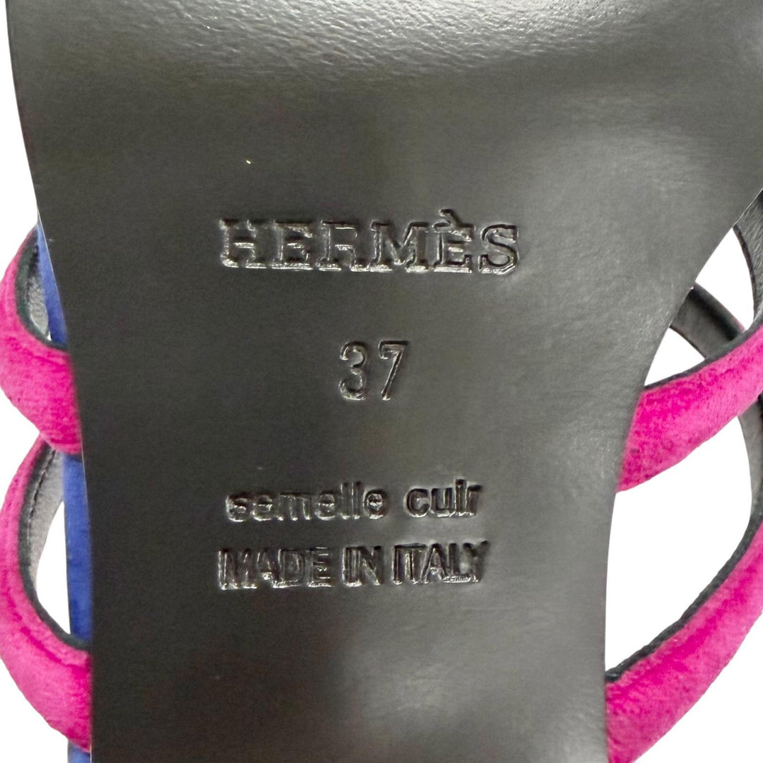 Pristine HERMES Sandals Graziera H logo, ankle strap blue Suede leather Women 37