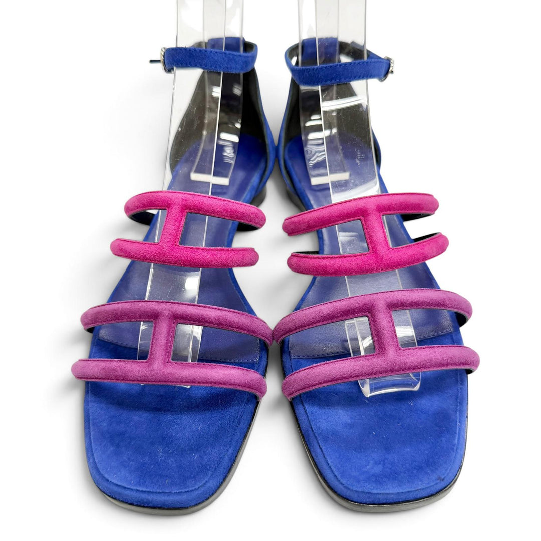 Pristine HERMES Sandals Graziera H logo, ankle strap blue Suede leather Women 37