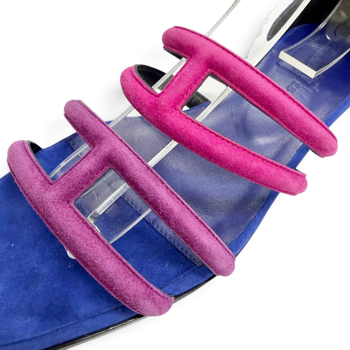 Pristine HERMES Sandals Graziera H logo, ankle strap blue Suede leather Women 37
