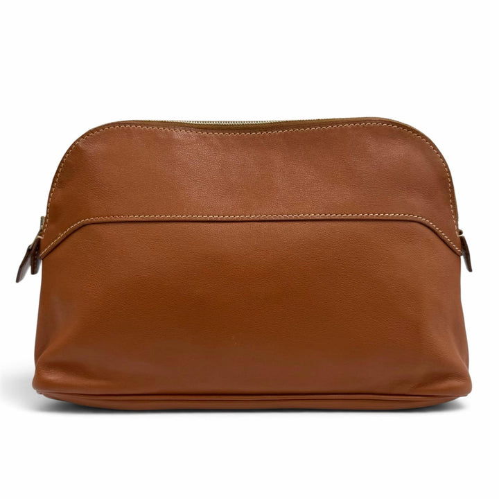 Great HERMES Pouch Bored pouch Logo ZIP Leather Brown leather Women
