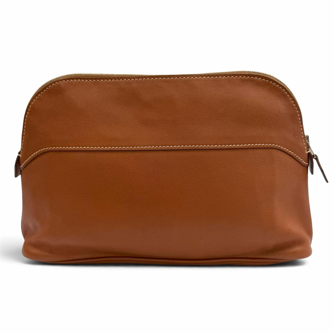 Great HERMES Pouch Bored pouch Logo ZIP Leather Brown leather Women