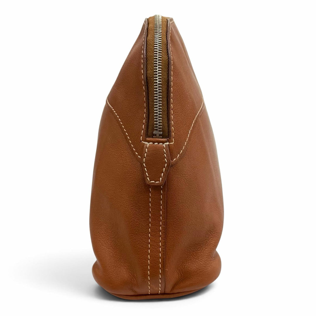 Great HERMES Pouch Bored pouch Logo ZIP Leather Brown leather Women
