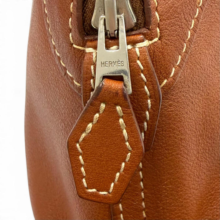Great HERMES Pouch Bored pouch Logo ZIP Leather Brown leather Women