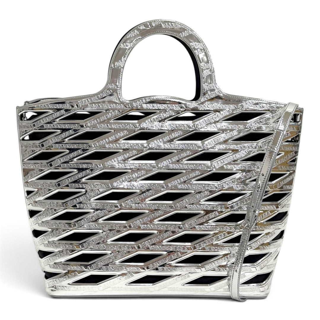 Great BALENCIAGA Neo basket Logo 2-Way Tote Bag/Shoulder Bag Silver 626111
