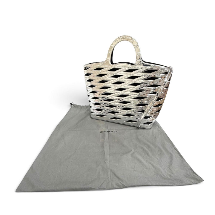 Great BALENCIAGA Neo basket Logo 2-Way Tote Bag/Shoulder Bag Silver 626111