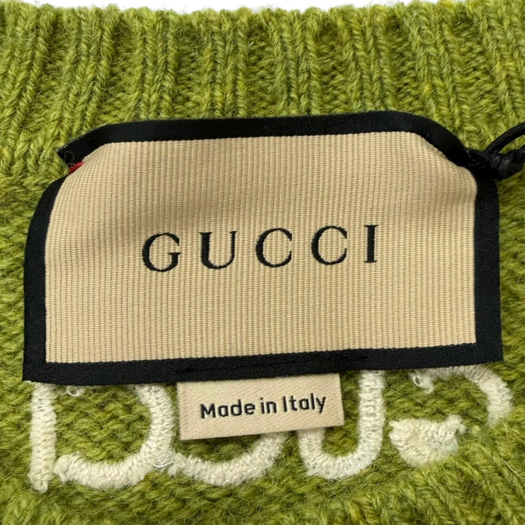 Pristine GUCCI sweater Crew neck, back logo embroidery green wool mens M 763365