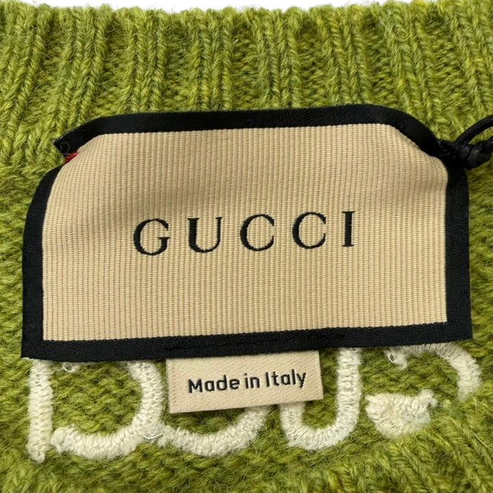 Pristine GUCCI sweater Crew neck, back logo embroidery green wool mens M 763365