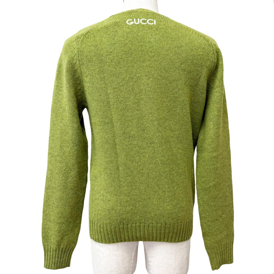 Pristine GUCCI sweater Crew neck, back logo embroidery green wool mens M 763365