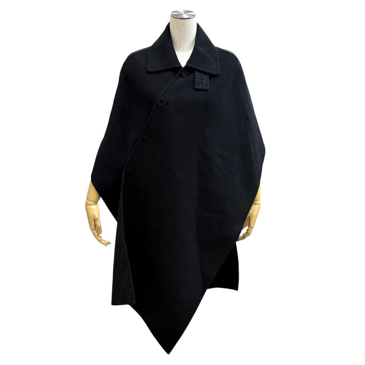 Excellent FENDI poncho DOUBLE WOOL CAPE Zucca Pattern Lining black wool Women 36