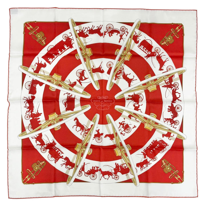 Excellent HERMES scarf Paris Qui Roule (Paris on Wheels) Carre 70 Red silk Women