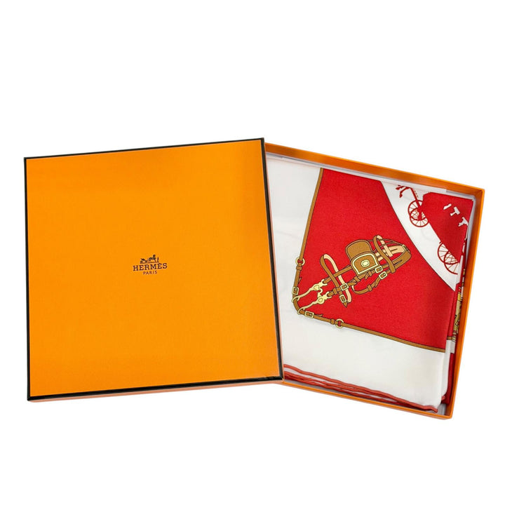 Excellent HERMES scarf Paris Qui Roule (Paris on Wheels) Carre 70 Red silk Women