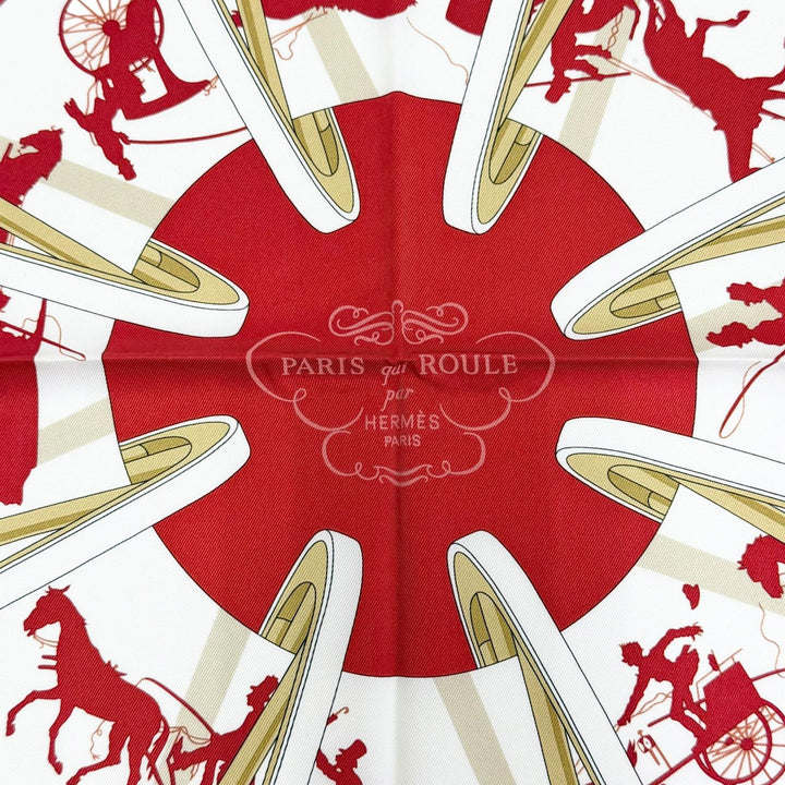 Excellent HERMES scarf Paris Qui Roule (Paris on Wheels) Carre 70 Red silk Women