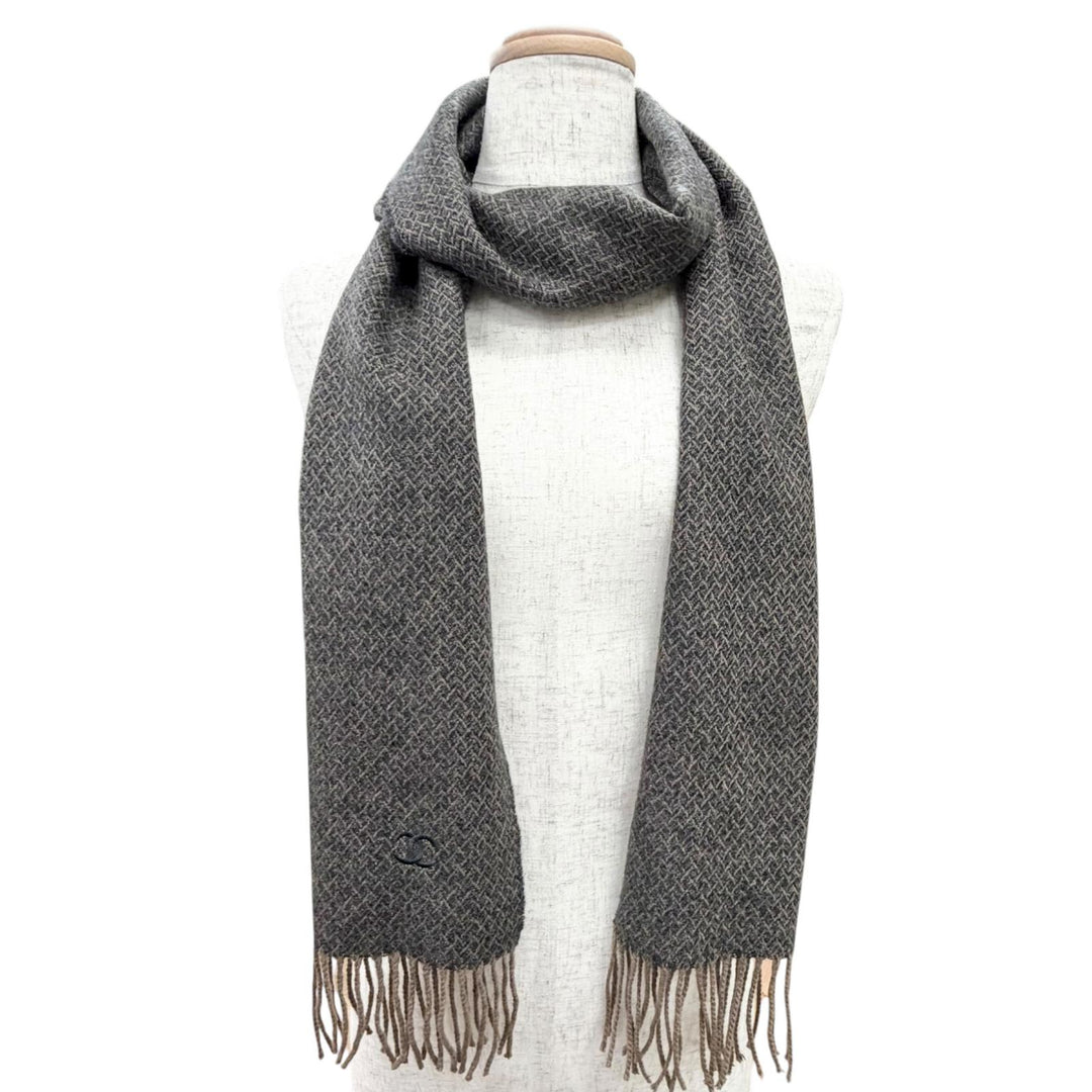 Great CHANEL Scarf COCO Mark all-over pattern Brown cashmere Women G18