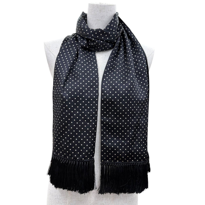 Excellent CELINE Scarf Polka Dot Pattern Fringe Shawl black silk Women