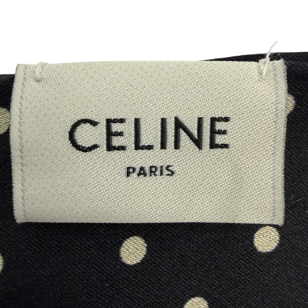 Excellent CELINE Scarf Polka Dot Pattern Fringe Shawl black silk Women