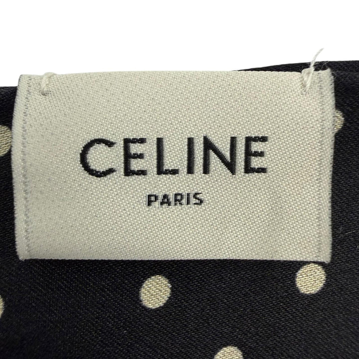 Excellent CELINE Scarf Polka Dot Pattern Fringe Shawl black silk Women