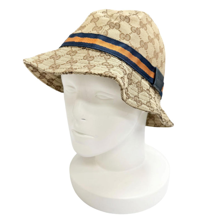 Great GUCCI Webline logo leather patch GG canvas bucket hat Beige L 030367