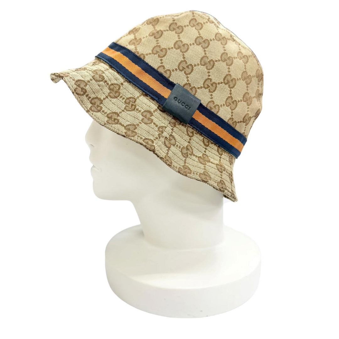 Great GUCCI Webline logo leather patch GG canvas bucket hat Beige L 030367