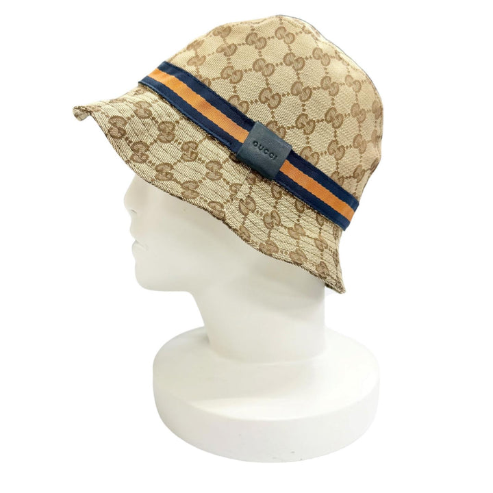 Great GUCCI Webline logo leather patch GG canvas bucket hat Beige L 030367