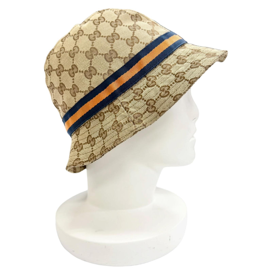 Great GUCCI Webline logo leather patch GG canvas bucket hat Beige L 030367