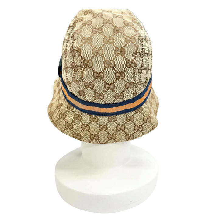Great GUCCI Webline logo leather patch GG canvas bucket hat Beige L 030367